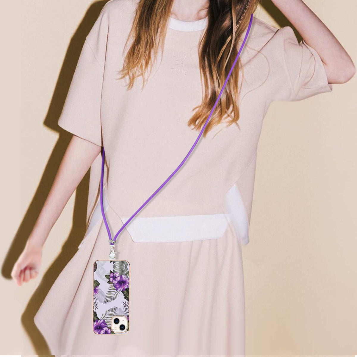 ELECTROPRIME For iPhone 15 Electroplating Pattern IMD TPU Shockproof Case with Neck Lanyard(Purple Flower)