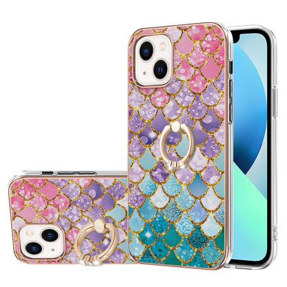 ELECTROPRIME For iPhone 15 Electroplating Pattern IMD TPU Shockproof Case with Rhinestone Ring Holder(Colorful Scales)