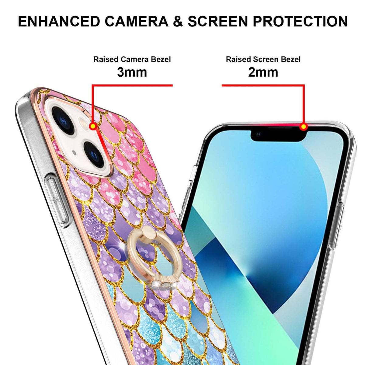 ELECTROPRIME For iPhone 15 Electroplating Pattern IMD TPU Shockproof Case with Rhinestone Ring Holder(Colorful Scales)