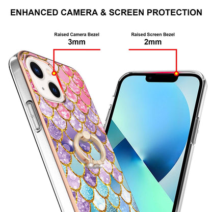 ELECTROPRIME For iPhone 15 Electroplating Pattern IMD TPU Shockproof Case with Rhinestone Ring Holder(Colorful Scales)