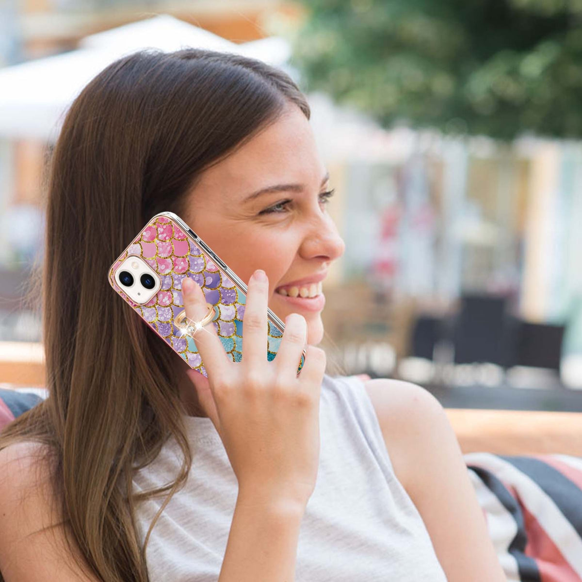 ELECTROPRIME For iPhone 15 Electroplating Pattern IMD TPU Shockproof Case with Rhinestone Ring Holder(Colorful Scales)