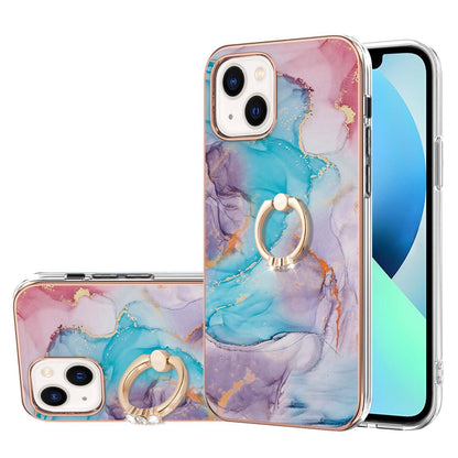 ELECTROPRIME For iPhone 15 Electroplating Pattern IMD TPU Shockproof Case with Rhinestone Ring Holder(Milky Way Blue Marble)