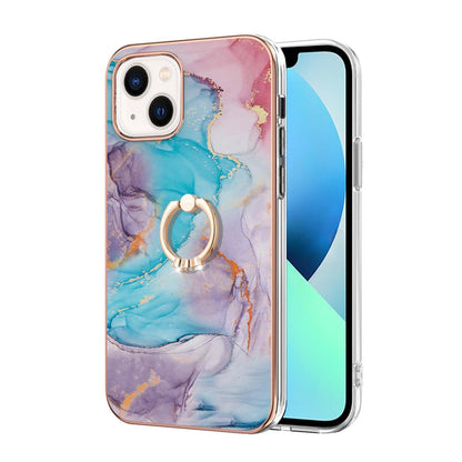 ELECTROPRIME For iPhone 15 Electroplating Pattern IMD TPU Shockproof Case with Rhinestone Ring Holder(Milky Way Blue Marble)