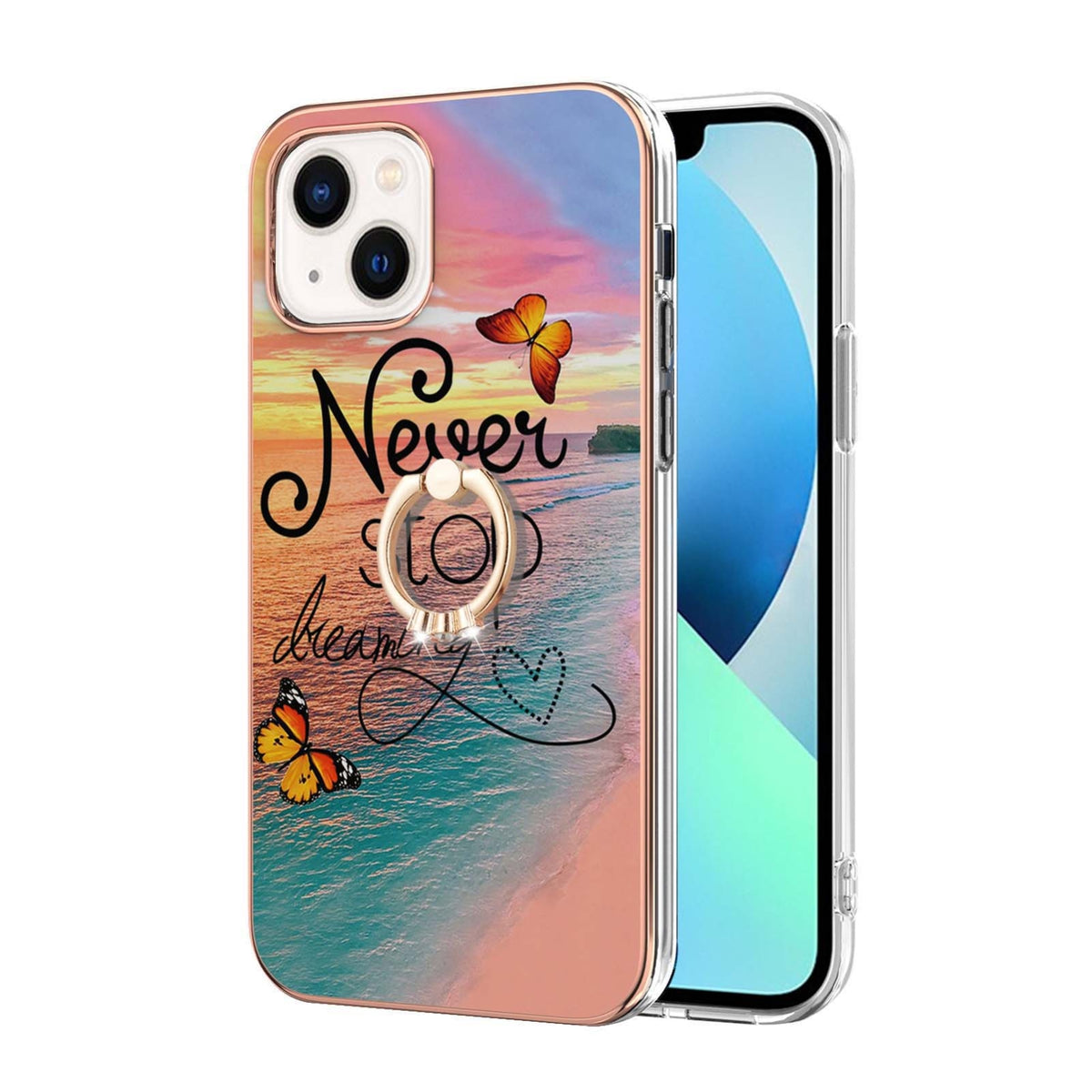 ELECTROPRIME For iPhone 15 Electroplating Pattern IMD TPU Shockproof Case with Rhinestone Ring Holder(Dream Chasing Butterfly)