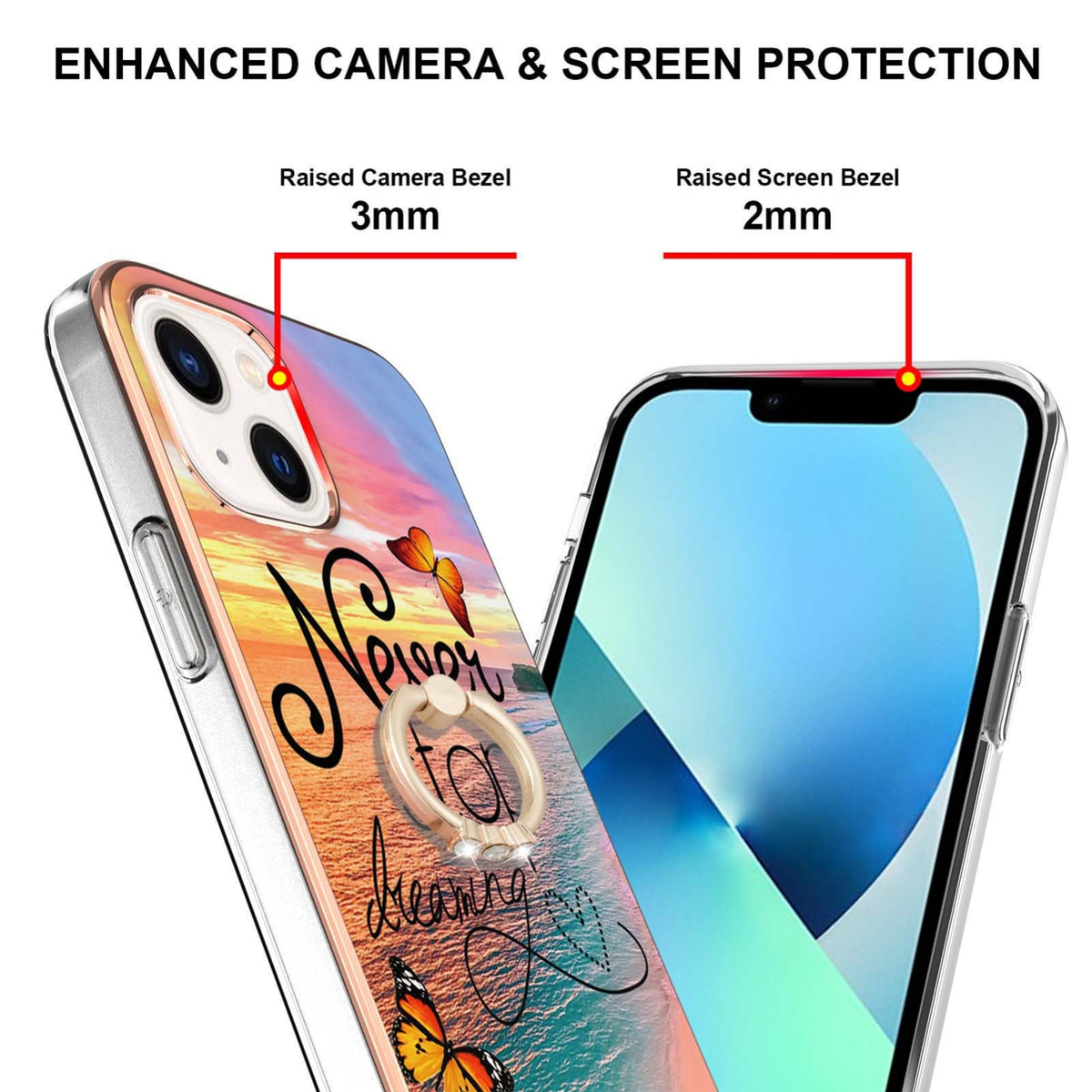 ELECTROPRIME For iPhone 15 Electroplating Pattern IMD TPU Shockproof Case with Rhinestone Ring Holder(Dream Chasing Butterfly)