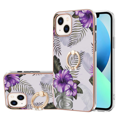 ELECTROPRIME For iPhone 15 Electroplating Pattern IMD TPU Shockproof Case with Rhinestone Ring Holder(Purple Flower)