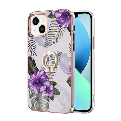 ELECTROPRIME For iPhone 15 Electroplating Pattern IMD TPU Shockproof Case with Rhinestone Ring Holder(Purple Flower)