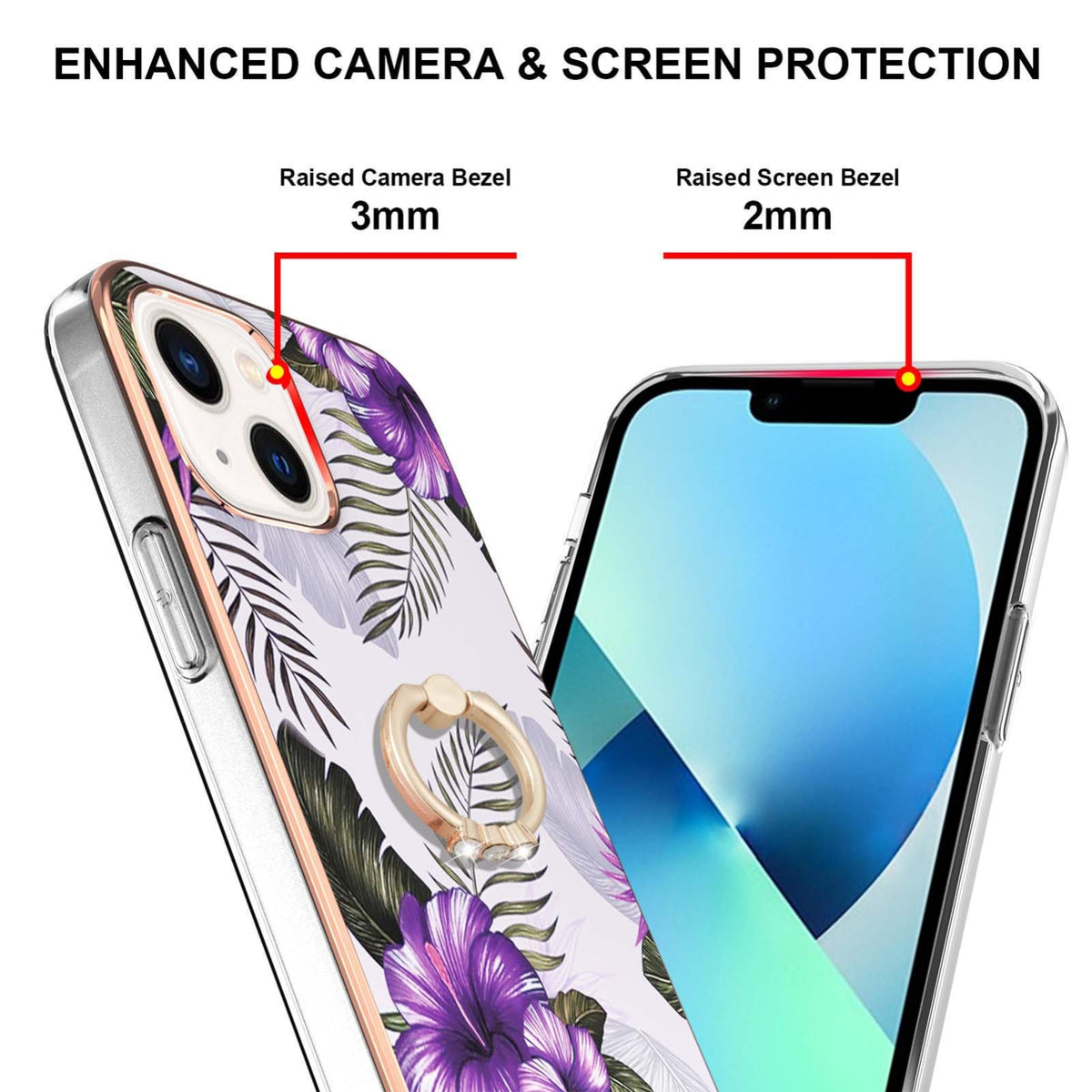 ELECTROPRIME For iPhone 15 Electroplating Pattern IMD TPU Shockproof Case with Rhinestone Ring Holder(Purple Flower)