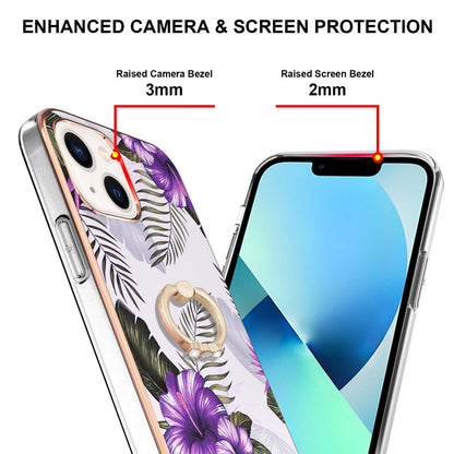 ELECTROPRIME For iPhone 15 Electroplating Pattern IMD TPU Shockproof Case with Rhinestone Ring Holder(Purple Flower)