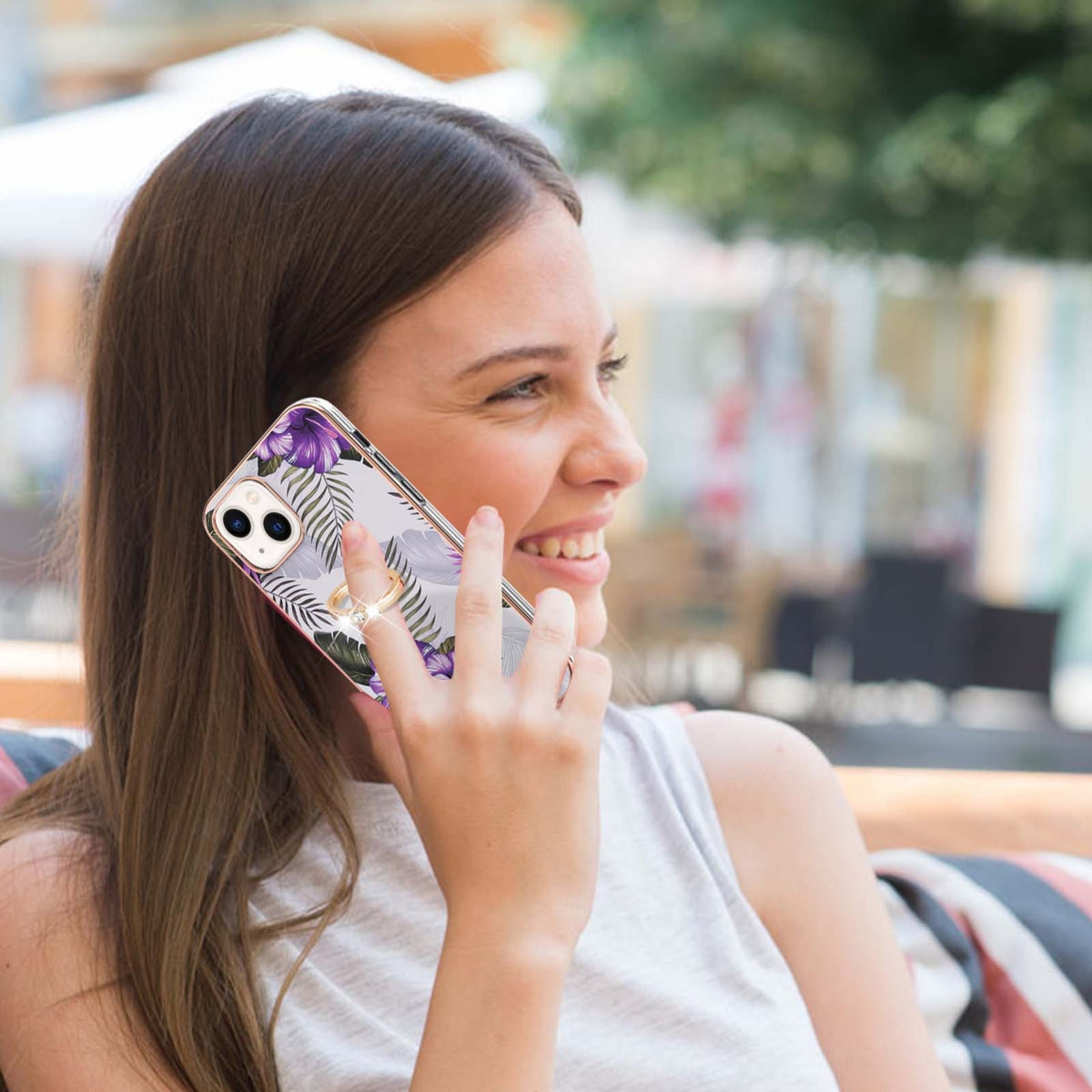 ELECTROPRIME For iPhone 15 Electroplating Pattern IMD TPU Shockproof Case with Rhinestone Ring Holder(Purple Flower)