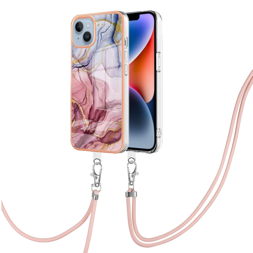 ELECTROPRIME For iPhone 15 Electroplating Marble Dual-side IMD Phone Case with Lanyard(Rose Red 014)