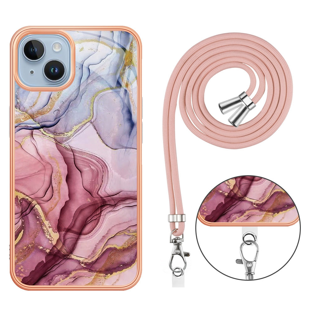 ELECTROPRIME For iPhone 15 Electroplating Marble Dual-side IMD Phone Case with Lanyard(Rose Red 014)
