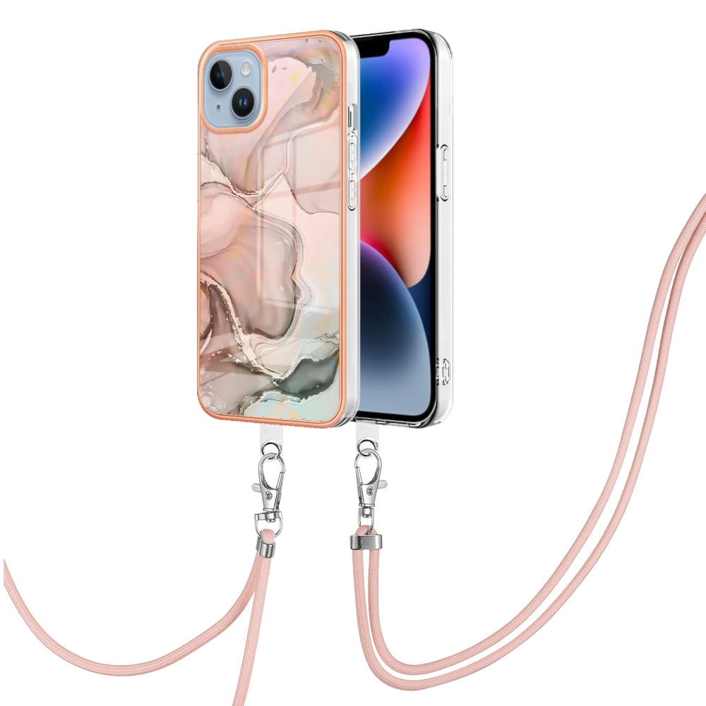 ELECTROPRIME For iPhone 15 Electroplating Marble Dual-side IMD Phone Case with Lanyard(Rose Gold 015)