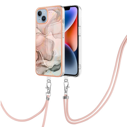 ELECTROPRIME For iPhone 15 Electroplating Marble Dual-side IMD Phone Case with Lanyard(Rose Gold 015)