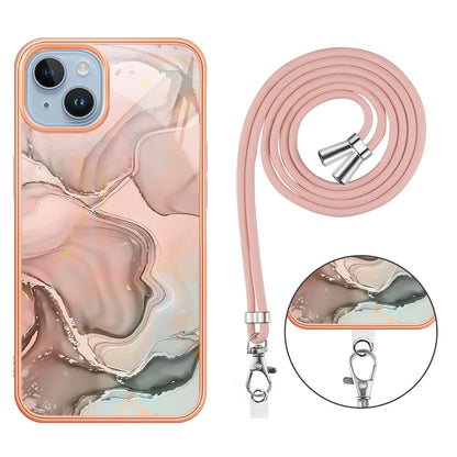 ELECTROPRIME For iPhone 15 Electroplating Marble Dual-side IMD Phone Case with Lanyard(Rose Gold 015)
