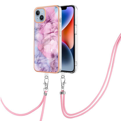 ELECTROPRIME For iPhone 15 Electroplating Marble Dual-side IMD Phone Case with Lanyard(Pink 013)