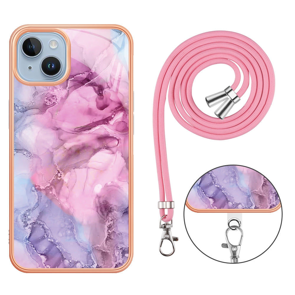 ELECTROPRIME For iPhone 15 Electroplating Marble Dual-side IMD Phone Case with Lanyard(Pink 013)
