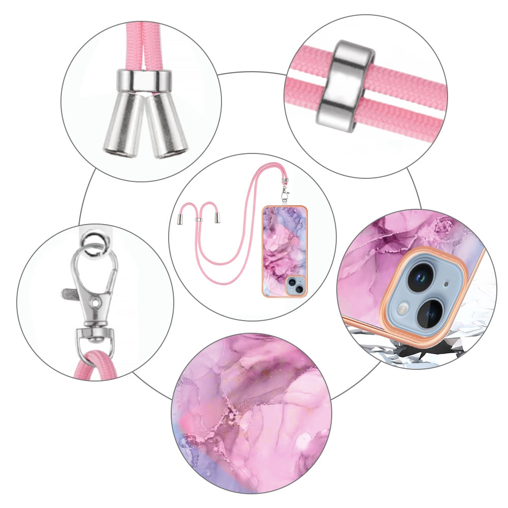 ELECTROPRIME For iPhone 15 Electroplating Marble Dual-side IMD Phone Case with Lanyard(Pink 013)
