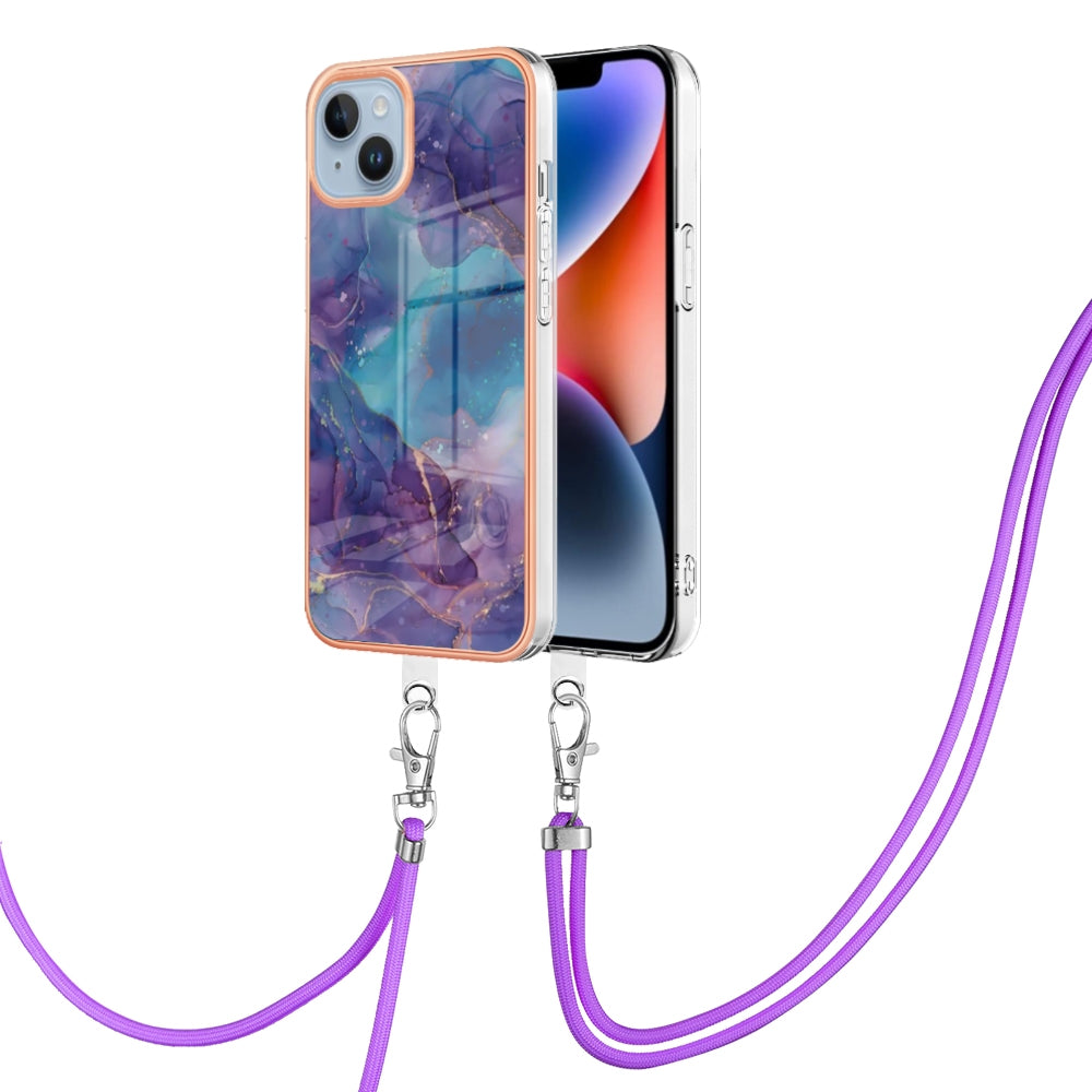 ELECTROPRIME For iPhone 15 Electroplating Marble Dual-side IMD Phone Case with Lanyard(Purple 016)