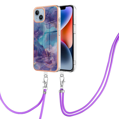 ELECTROPRIME For iPhone 15 Electroplating Marble Dual-side IMD Phone Case with Lanyard(Purple 016)