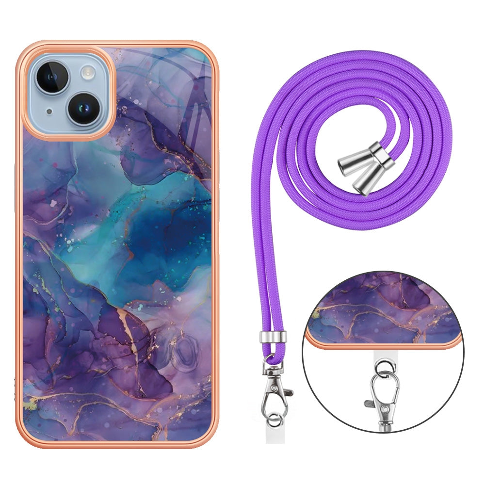 ELECTROPRIME For iPhone 15 Electroplating Marble Dual-side IMD Phone Case with Lanyard(Purple 016)
