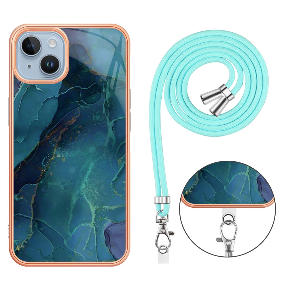 ELECTROPRIME For iPhone 15 Electroplating Marble Dual-side IMD Phone Case with Lanyard(Green 017)