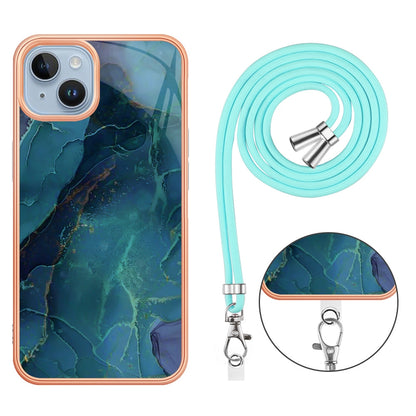 ELECTROPRIME For iPhone 15 Electroplating Marble Dual-side IMD Phone Case with Lanyard(Green 017)