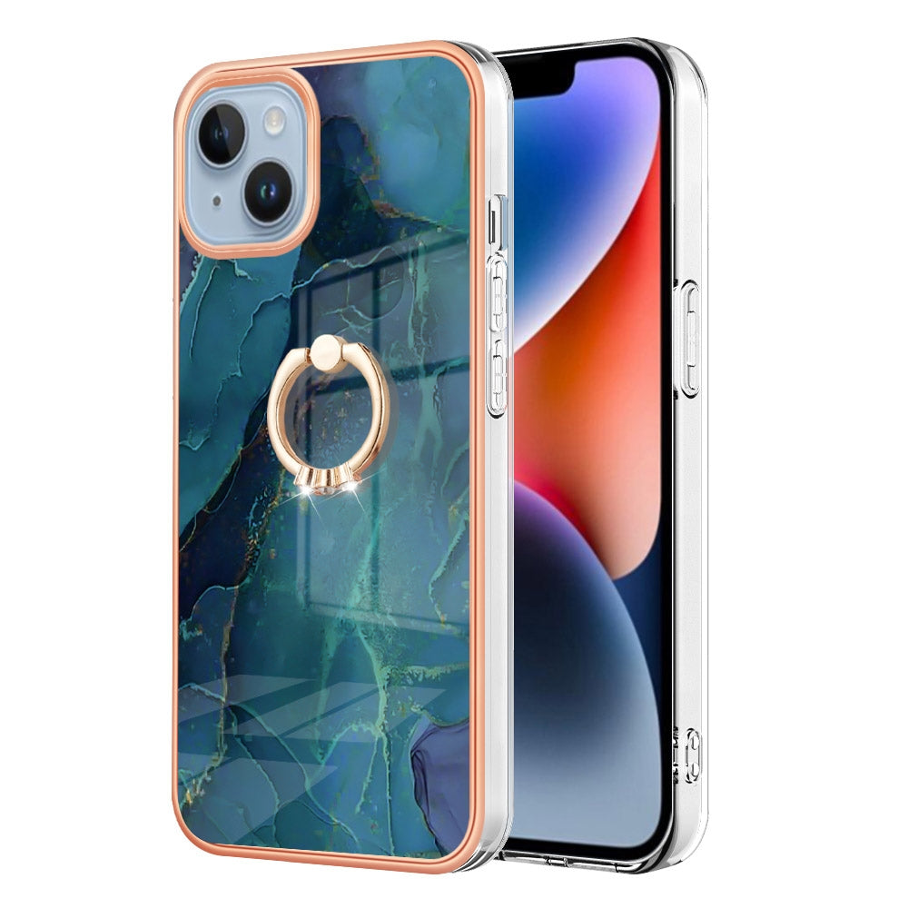 ELECTROPRIME For iPhone 15 Electroplating Marble Dual-side IMD Phone Case with Ring(Green 017)