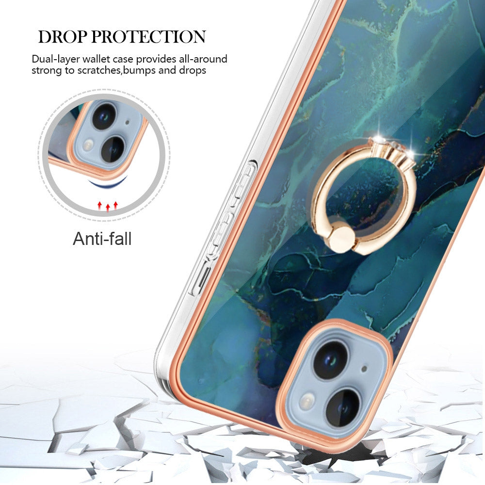 ELECTROPRIME For iPhone 15 Electroplating Marble Dual-side IMD Phone Case with Ring(Green 017)
