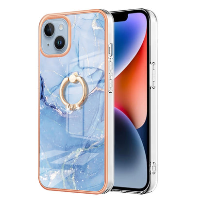ELECTROPRIME For iPhone 15 Electroplating Marble Dual-side IMD Phone Case with Ring(Blue 018)