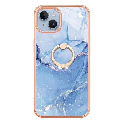 ELECTROPRIME For iPhone 15 Electroplating Marble Dual-side IMD Phone Case with Ring(Blue 018)