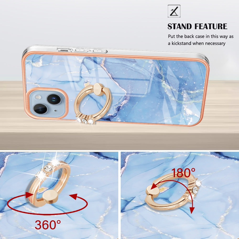 ELECTROPRIME For iPhone 15 Electroplating Marble Dual-side IMD Phone Case with Ring(Blue 018)