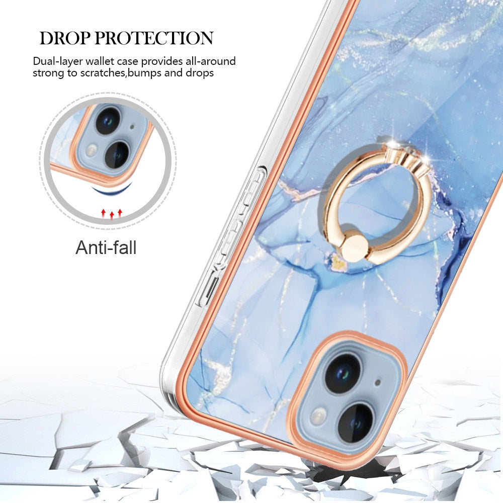 ELECTROPRIME For iPhone 15 Electroplating Marble Dual-side IMD Phone Case with Ring(Blue 018)