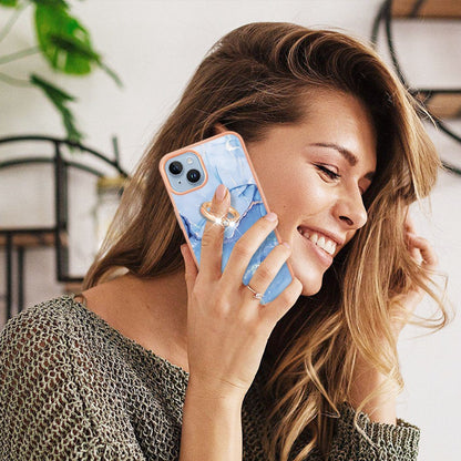 ELECTROPRIME For iPhone 15 Electroplating Marble Dual-side IMD Phone Case with Ring(Blue 018)