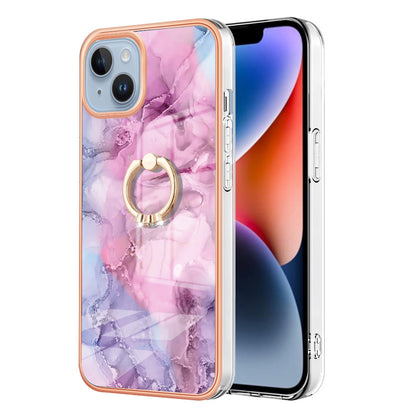 ELECTROPRIME For iPhone 15 Electroplating Marble Dual-side IMD Phone Case with Ring(Pink 013)