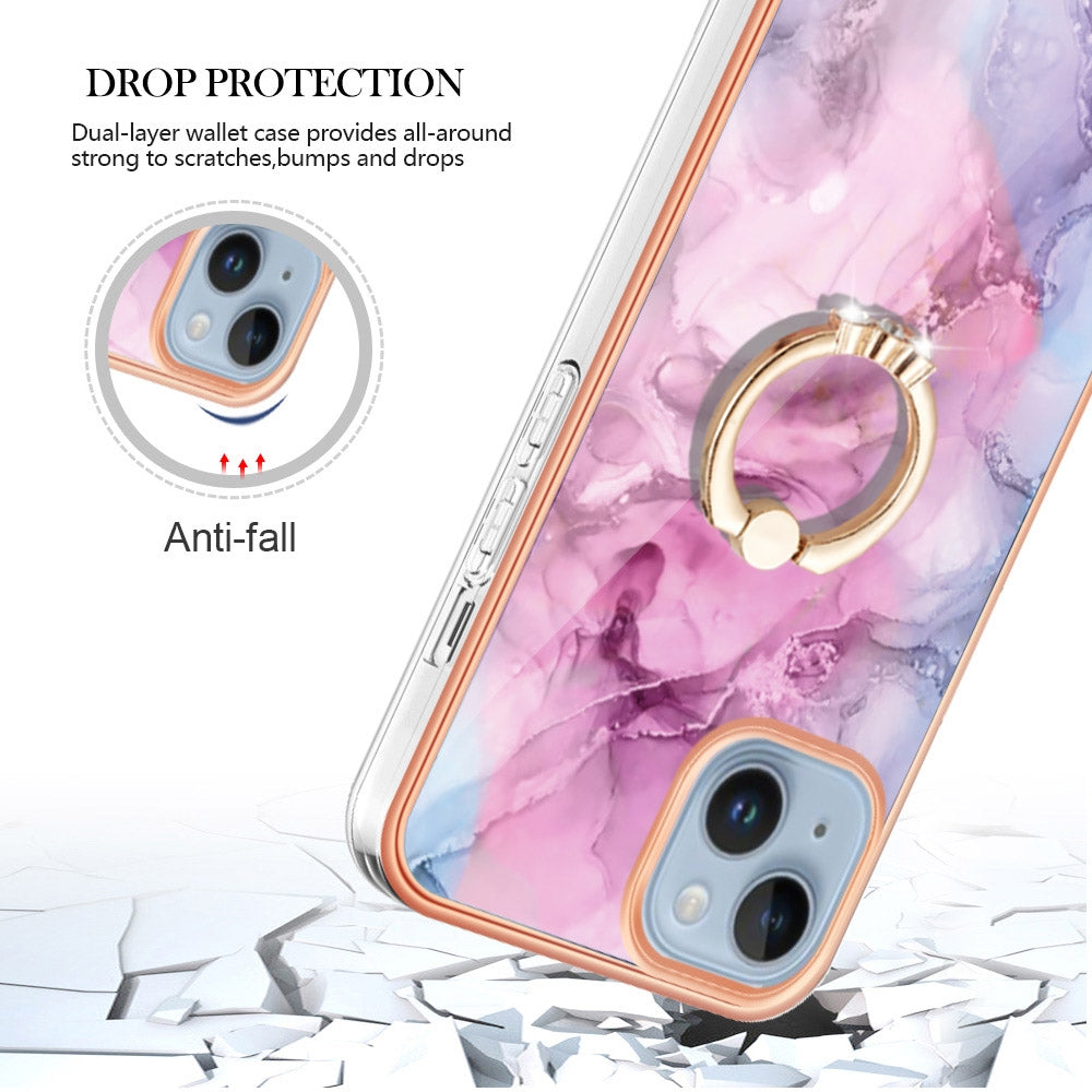 ELECTROPRIME For iPhone 15 Electroplating Marble Dual-side IMD Phone Case with Ring(Pink 013)