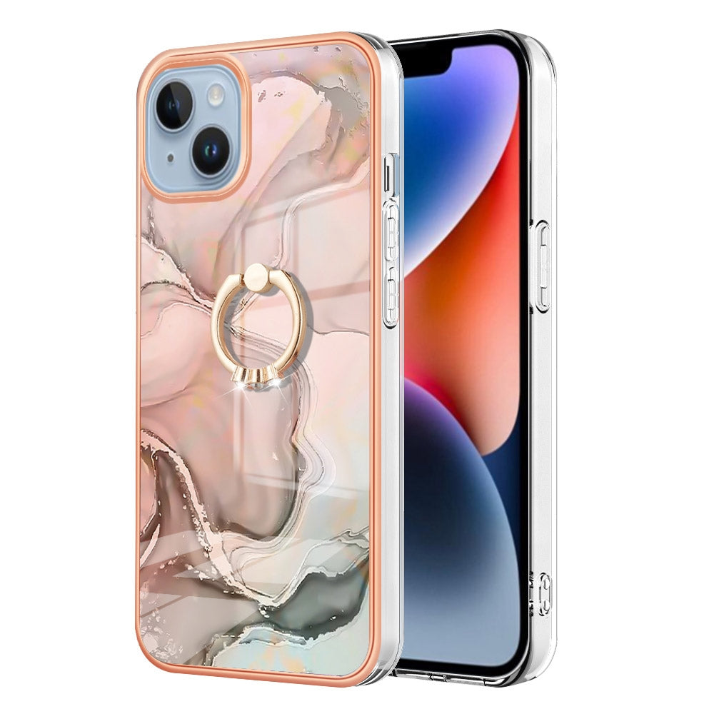 ELECTROPRIME For iPhone 15 Electroplating Marble Dual-side IMD Phone Case with Ring(Rose Gold 015)