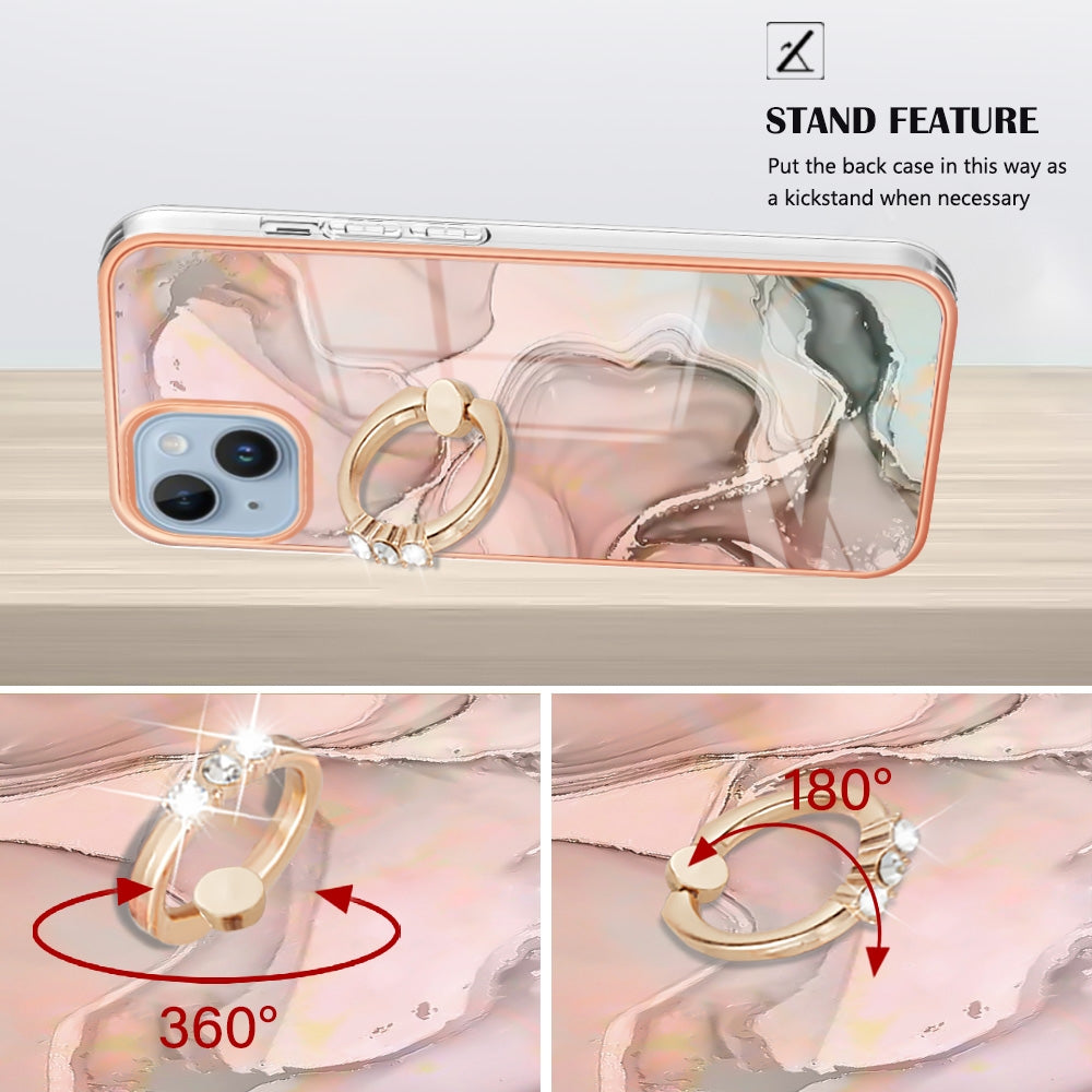 ELECTROPRIME For iPhone 15 Electroplating Marble Dual-side IMD Phone Case with Ring(Rose Gold 015)