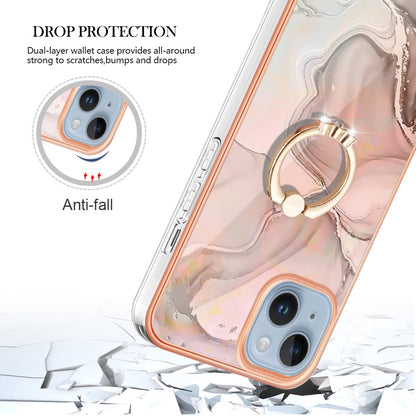 ELECTROPRIME For iPhone 15 Electroplating Marble Dual-side IMD Phone Case with Ring(Rose Gold 015)