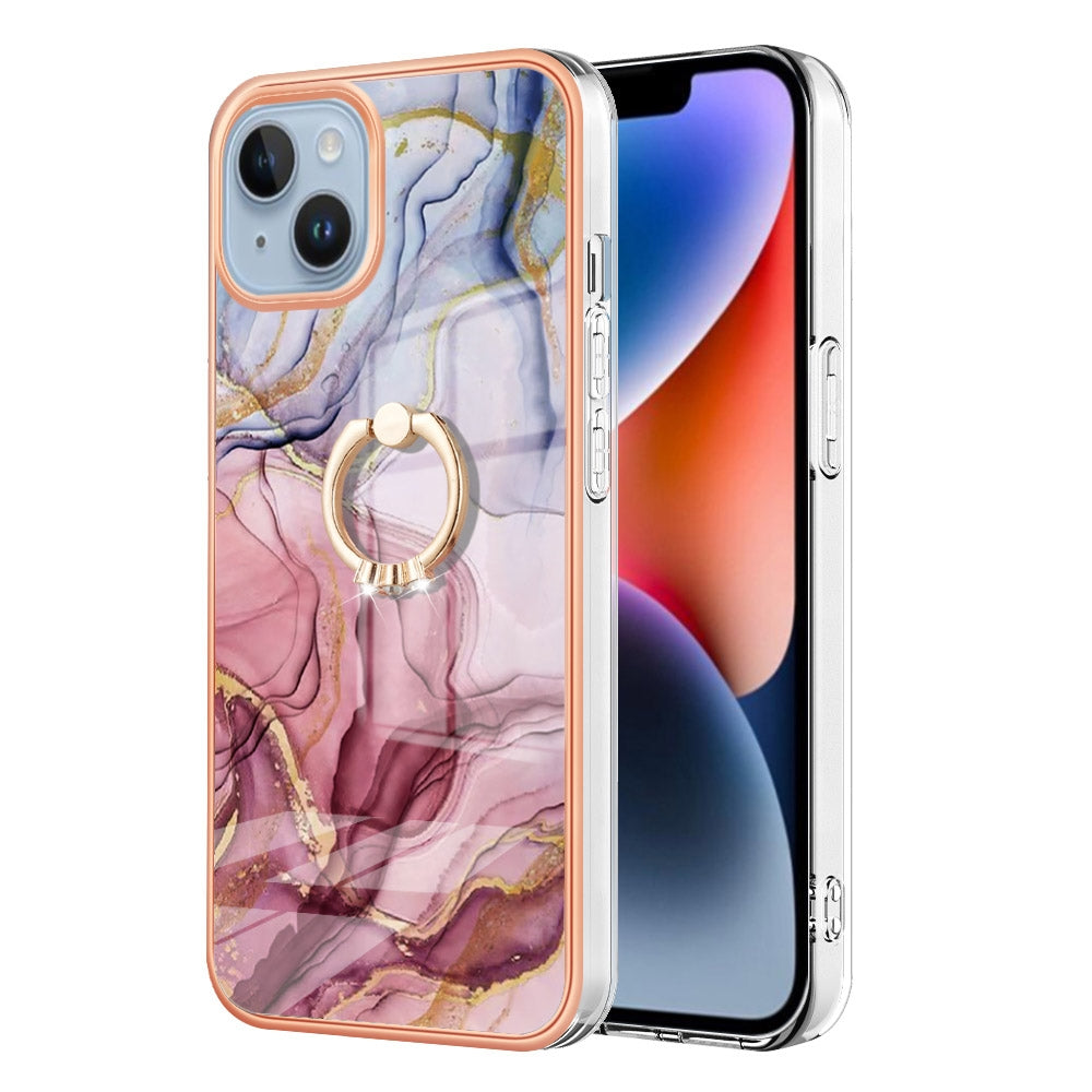 ELECTROPRIME For iPhone 15 Electroplating Marble Dual-side IMD Phone Case with Ring(Rose Red 014)