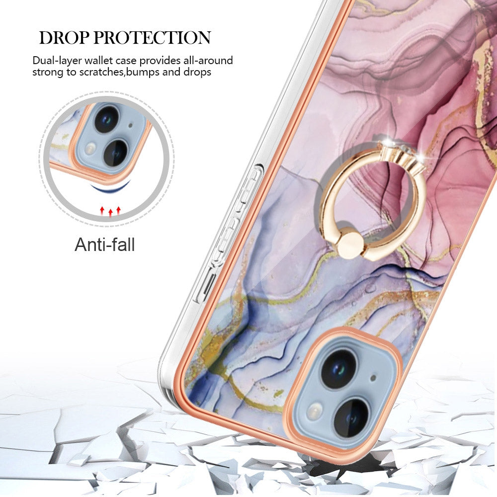 ELECTROPRIME For iPhone 15 Electroplating Marble Dual-side IMD Phone Case with Ring(Rose Red 014)