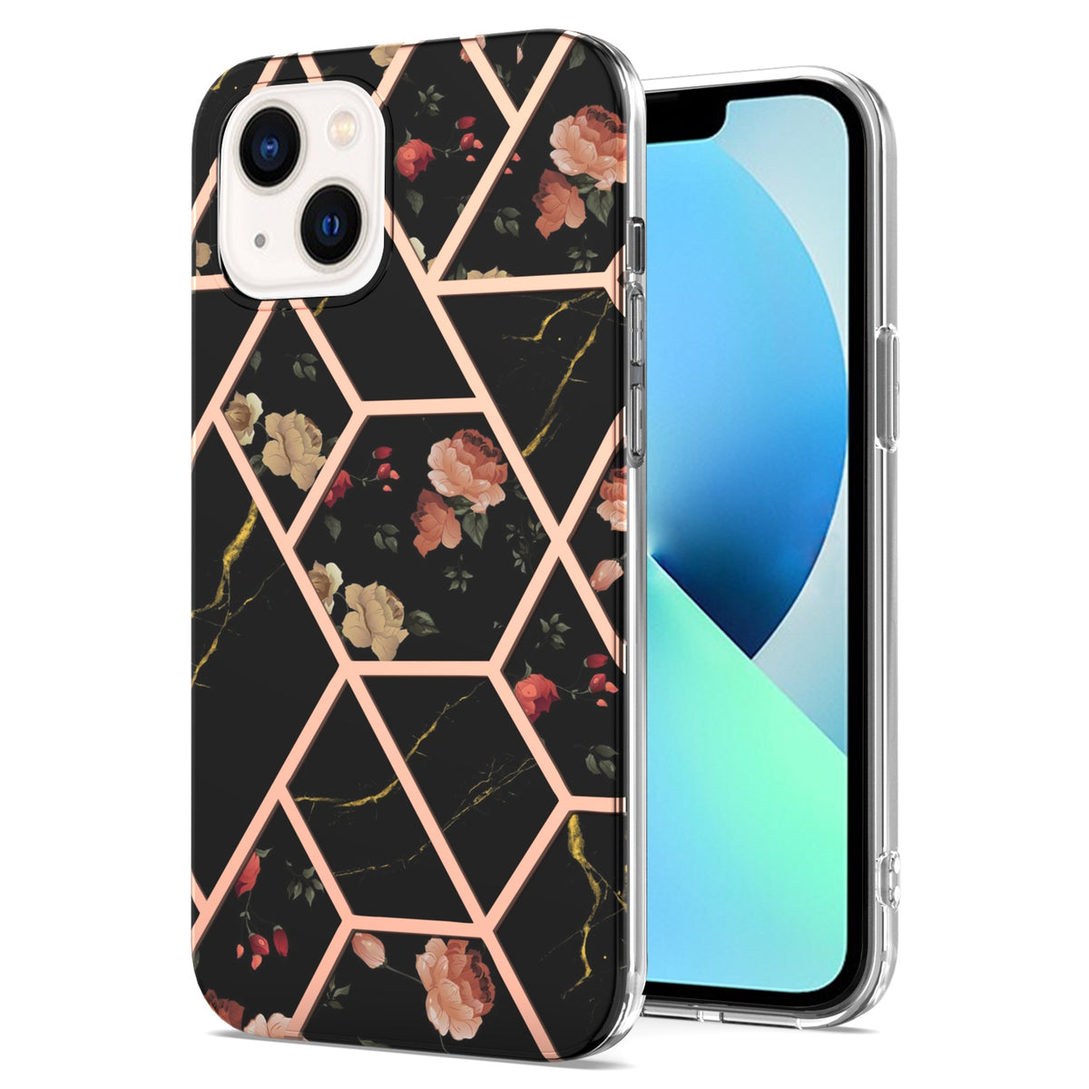 ELECTROPRIME For iPhone 15 Electroplating Splicing Marble Flower Pattern TPU Shockproof Case(Black Flower)