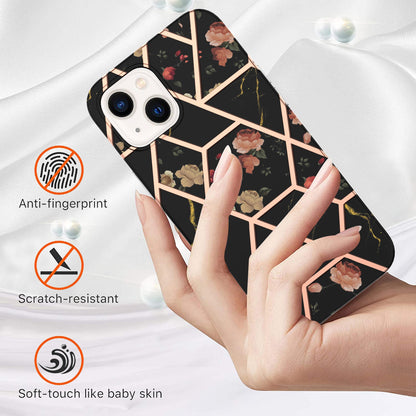 ELECTROPRIME For iPhone 15 Electroplating Splicing Marble Flower Pattern TPU Shockproof Case(Black Flower)