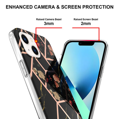 ELECTROPRIME For iPhone 15 Electroplating Splicing Marble Flower Pattern TPU Shockproof Case(Black Flower)
