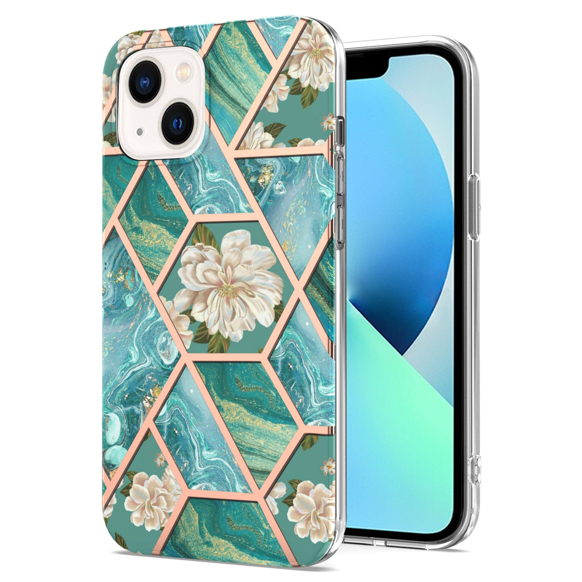 ELECTROPRIME For iPhone 15 Electroplating Splicing Marble Flower Pattern TPU Shockproof Case(Blue Flower)
