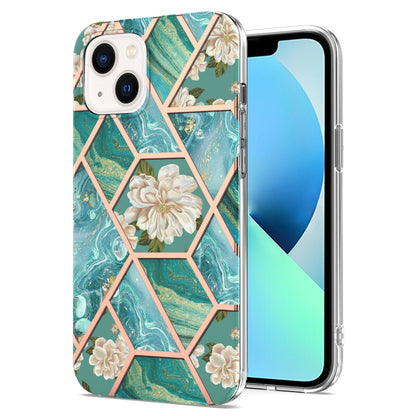 ELECTROPRIME For iPhone 15 Electroplating Splicing Marble Flower Pattern TPU Shockproof Case(Blue Flower)