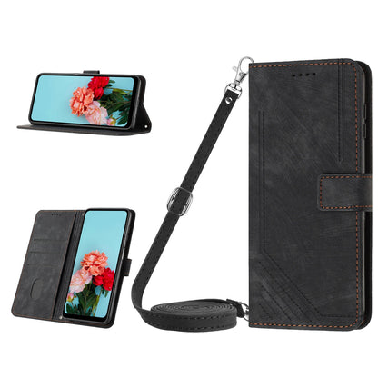 ELECTROPRIME For iPhone 15 Plus Skin Feel Stripe Pattern Leather Phone Case with Lanyard(Black)