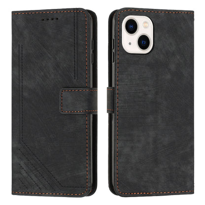ELECTROPRIME For iPhone 15 Plus Skin Feel Stripe Pattern Leather Phone Case with Lanyard(Black)