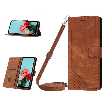 ELECTROPRIME For iPhone 15 Skin Feel Stripe Pattern Leather Phone Case with Lanyard(Brown)