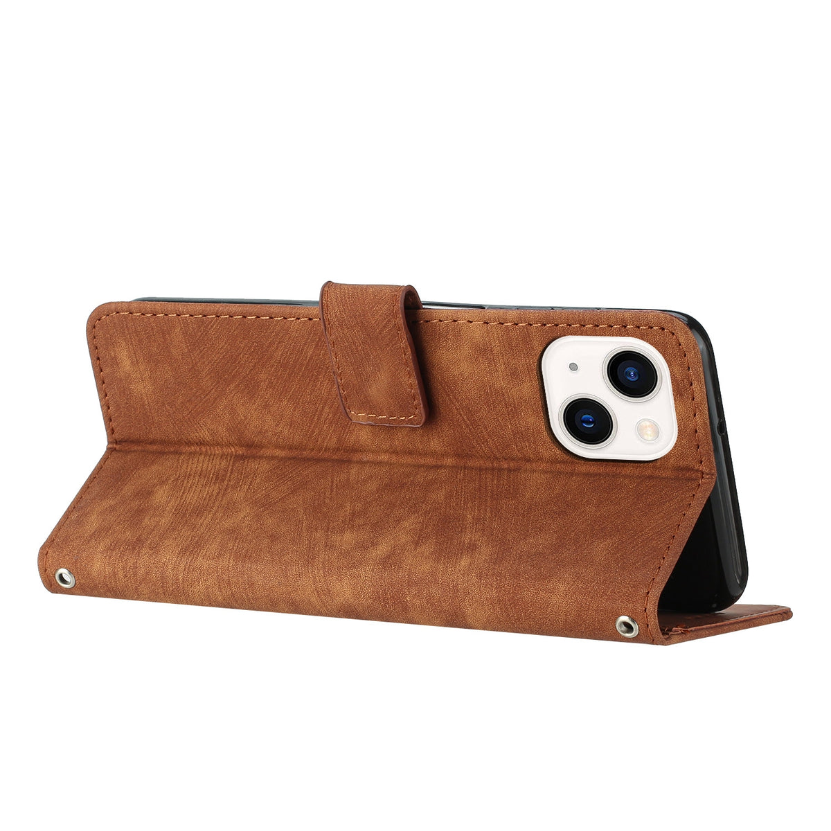ELECTROPRIME For iPhone 15 Skin Feel Stripe Pattern Leather Phone Case with Lanyard(Brown)
